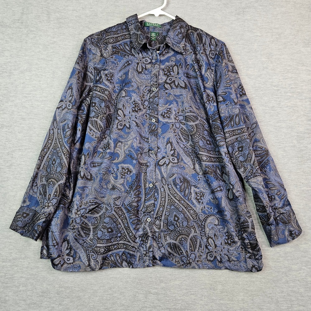 Lauren Ralph Lauren Women's Size 1X Blue Black Paisley Cotton Button Down Shirt